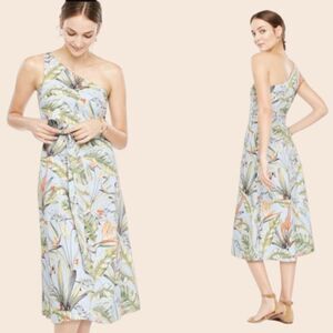 Ann Taylor Light Blue One Shoulder Tropical Print Fit & Flare Midi Dress Size 4